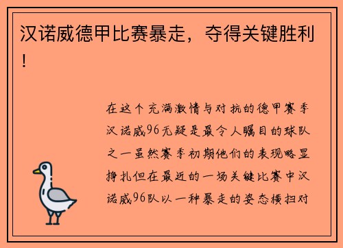 汉诺威德甲比赛暴走，夺得关键胜利！